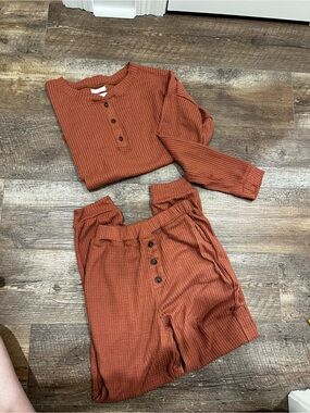 Rust Waffle Knit Henley Top and Lounge Pants Set